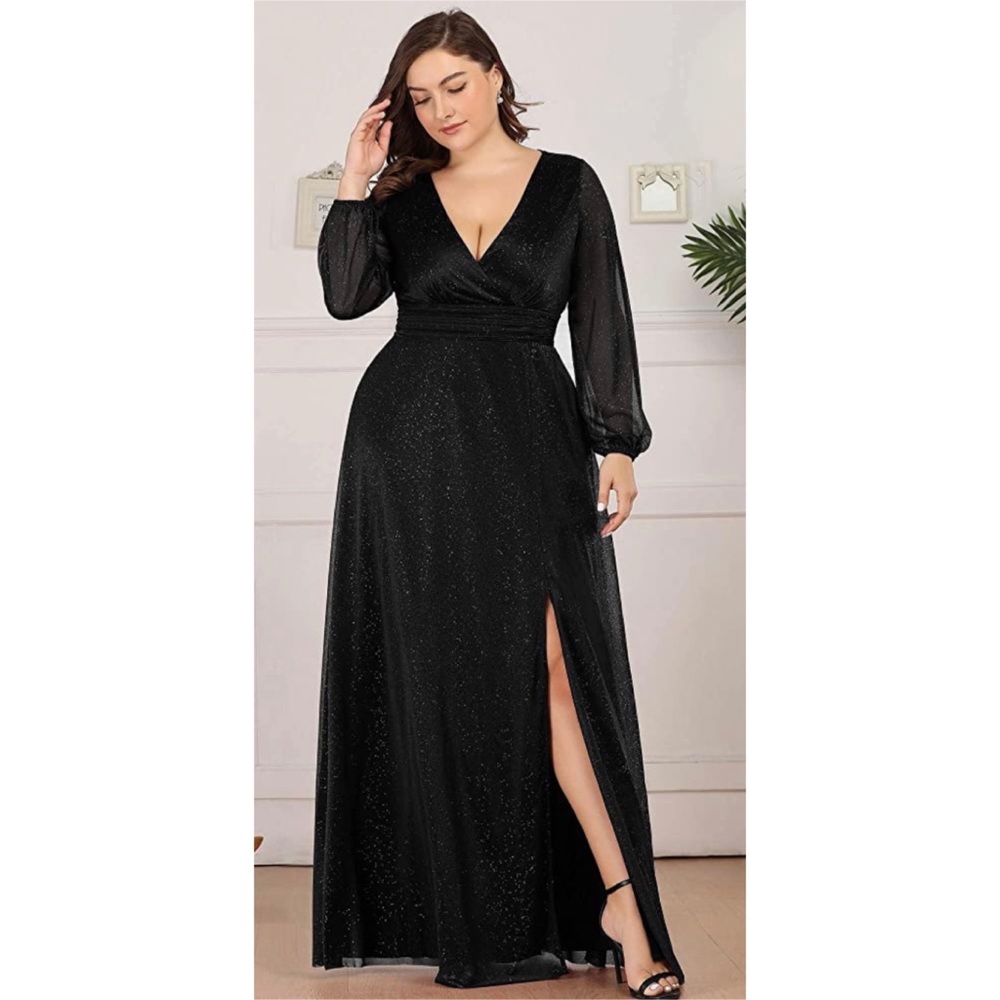 Black Women's Leg Slit V-Neck Sparkle Plus Size Evening Party Dress with Sleeves